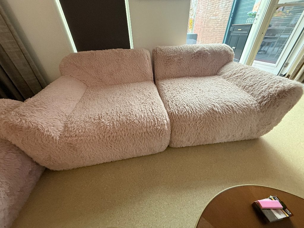 Gratis Bankstel roze 2x 2 zitter met poef, Ophalen, 75 tot 100 cm, Zo goed als nieuw, Rechte bank