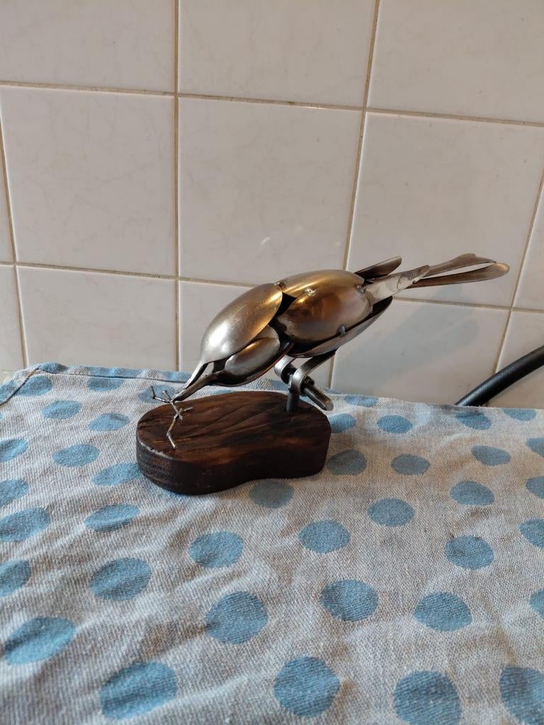 Unieke vogel sculptuur gemaakt van bestek, Zilver, Minder dan 20 cm, Ophalen of Verzenden, Beeld