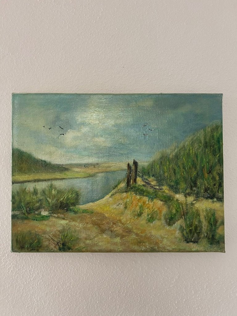 Olieverfschilderij uitzicht op rivier, Ophalen, Gesigneerd, Landschap