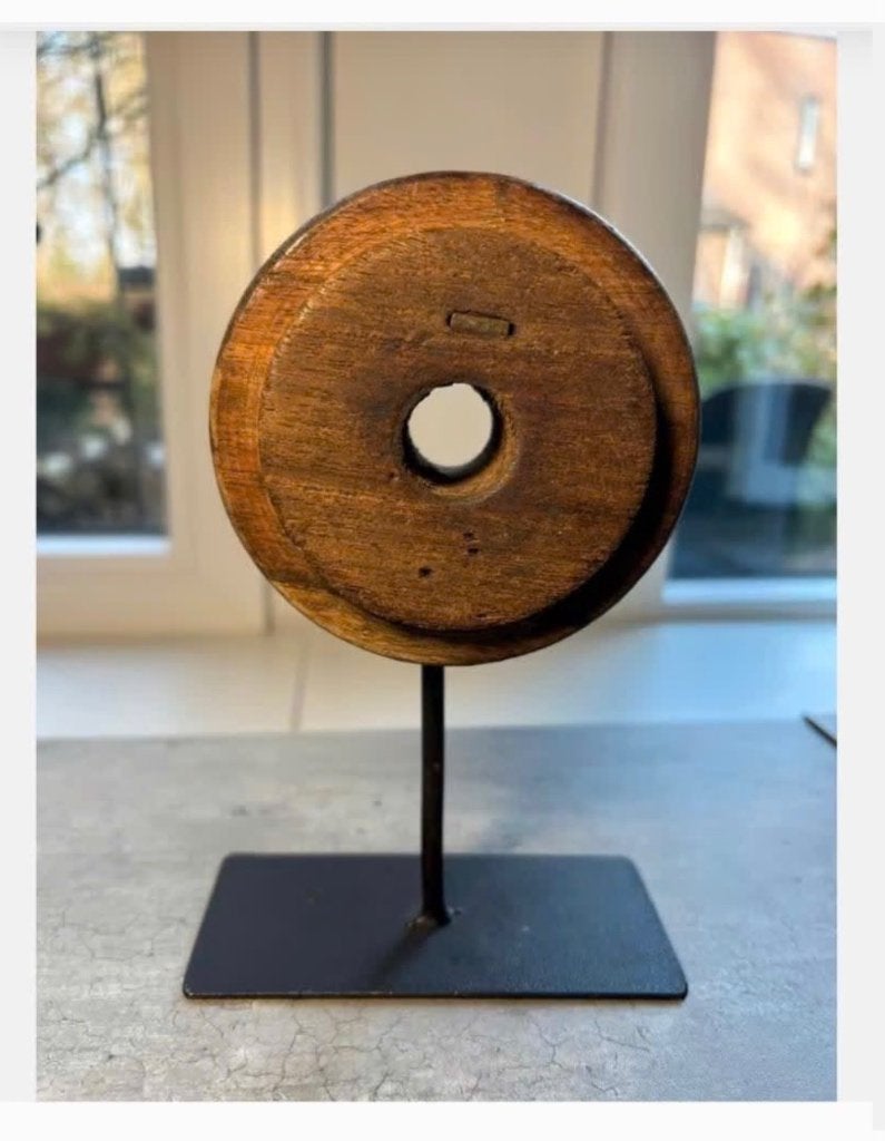 Houten klos op metalen stand woondeco 18,5 cm, Ophalen of Verzenden
