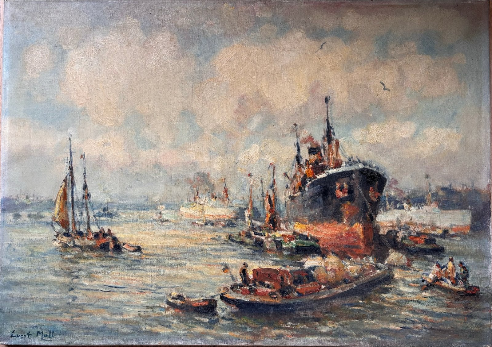 Evert Moll - (1878-1955) levendig havengezicht 50x60, Antiek en Kunst, Ophalen, Maritiem / water, Doek, Realistisch