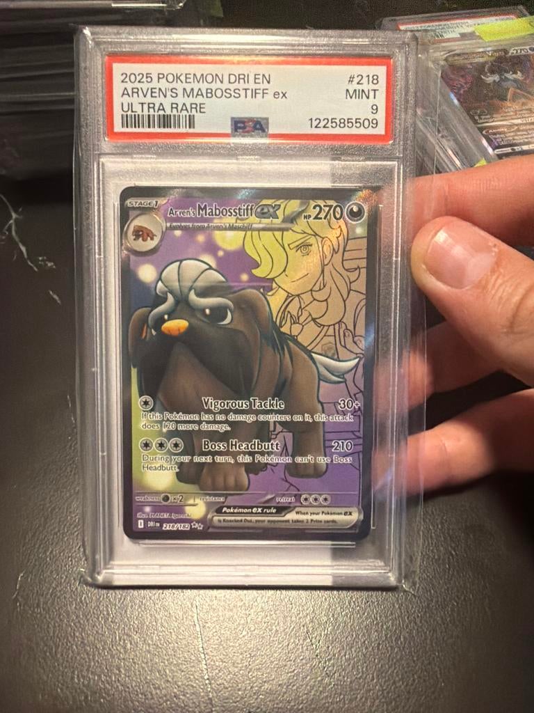 Arven's Mabosstiff ex Pokémon kaart PSA 9, Ophalen of Verzenden, Zo goed als nieuw, Losse kaart, Foil
