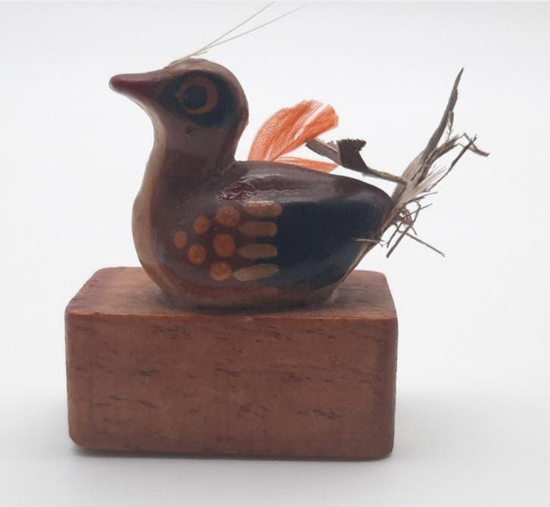 Vintage houten vogel puntenslijper met echte veertjes, Ophalen of Verzenden, Gebruikt