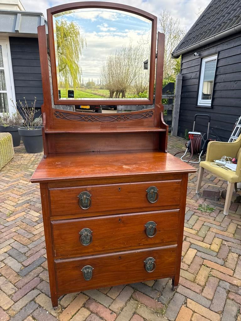 Antiek Make-up Kastje met Spiegel - Klassiek Houten Dressoir, Ophalen, Gebruikt, 100 tot 150 cm, 50 tot 100 cm