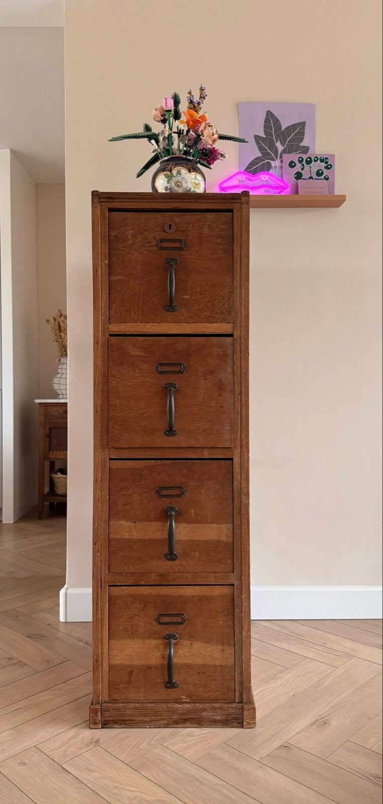 Vintage Archiefkast met 4 Lades - Eikenhout, Ophalen, Minder dan 50 cm, Gebruikt, 100 tot 150 cm