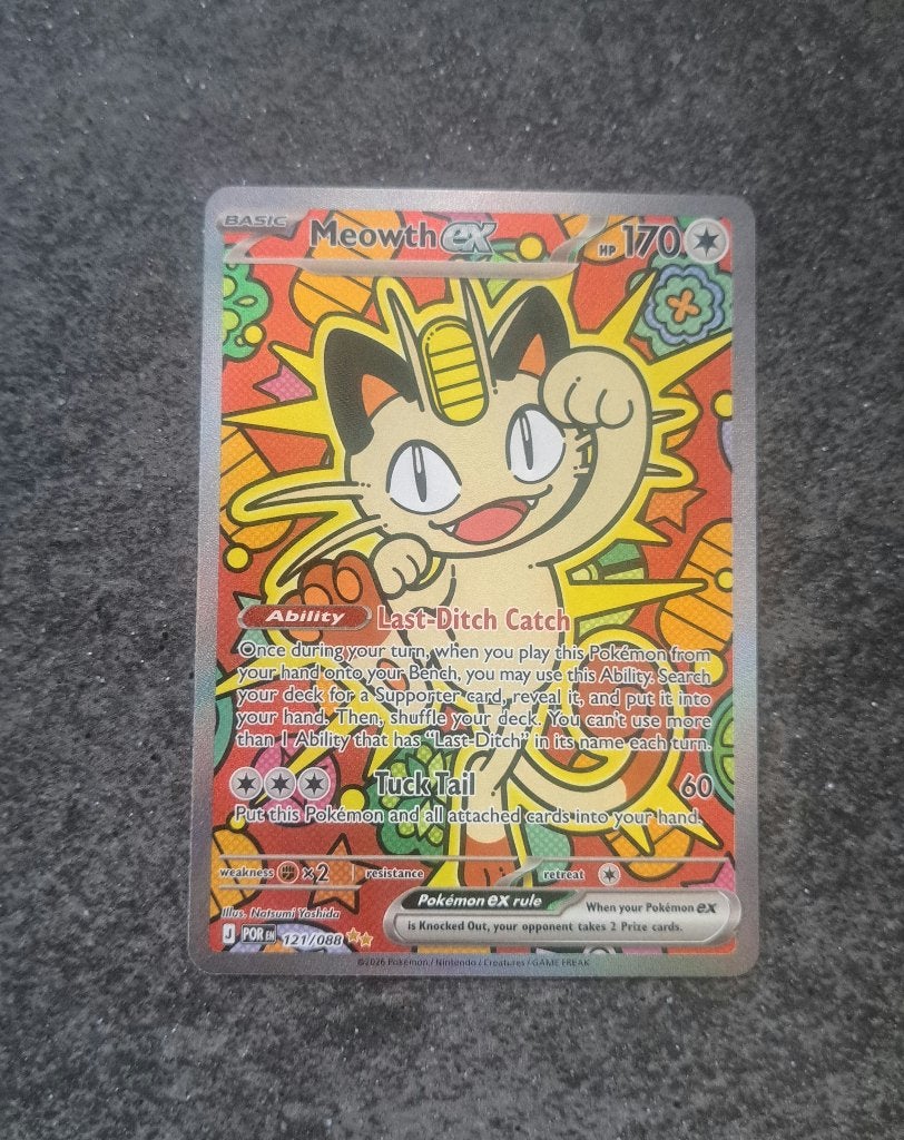 Meowth ex 121/088 POR - Pokemonkaart, Ophalen of Verzenden, Zo goed als nieuw, Losse kaart