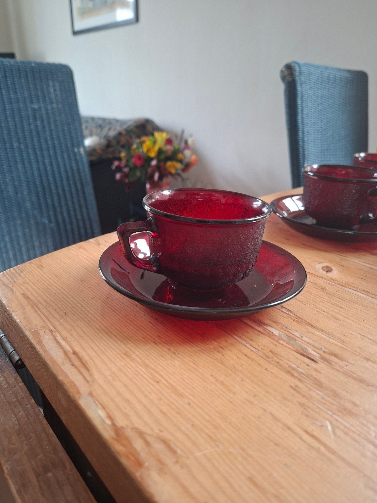 Vintage Arcoroc Ruby Rode Kop en Schotel Set (5 stuks), Ophalen of Verzenden