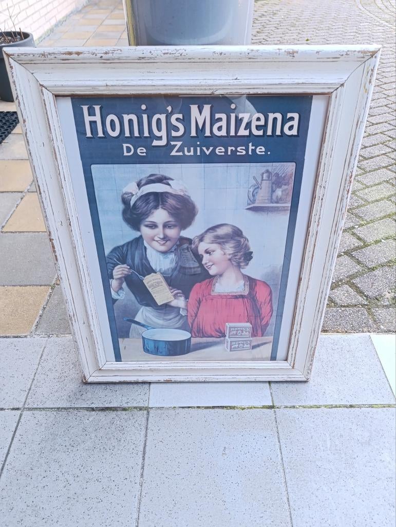 Schilderij met nostalgische poster. Whitewash lijst., Ophalen, Hout, 50 tot 75 cm, 50 tot 75 cm