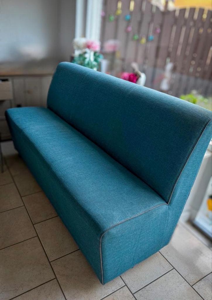 Turquoise Eetkamerbank op Wieltjes - Modern en Verrijdbaar, Gebruikt, 150 tot 200 cm, 75 tot 100 cm, Ophalen of Verzenden