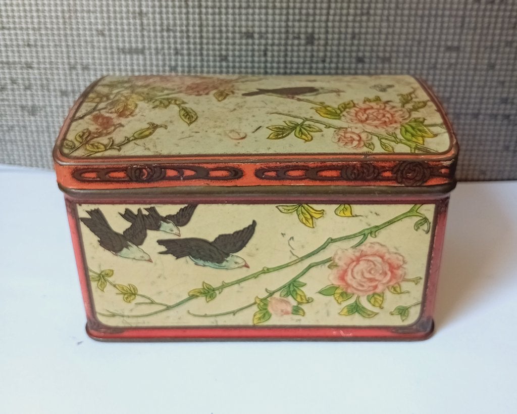 vintage blikken trommel met vogels en rozen, Verzamelen, Verzenden, Gebruikt, Overige