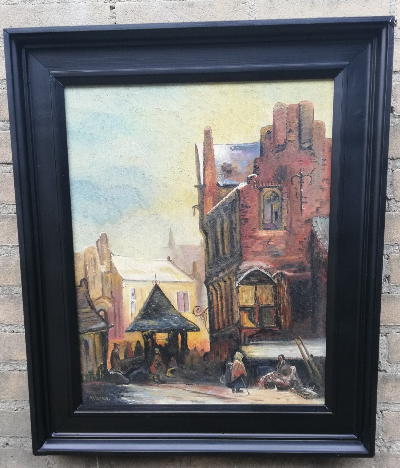 A. Vroege, Winters stadsgezicht. Olie/doek. 53/63 cm., Antiek en Kunst, Ophalen