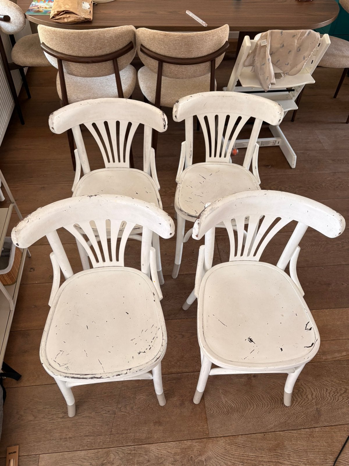 Set van 4 vintage houten cafestoelen, Huis en Inrichting, Stoelen, Ophalen, Gebruikt, Vier, Hout