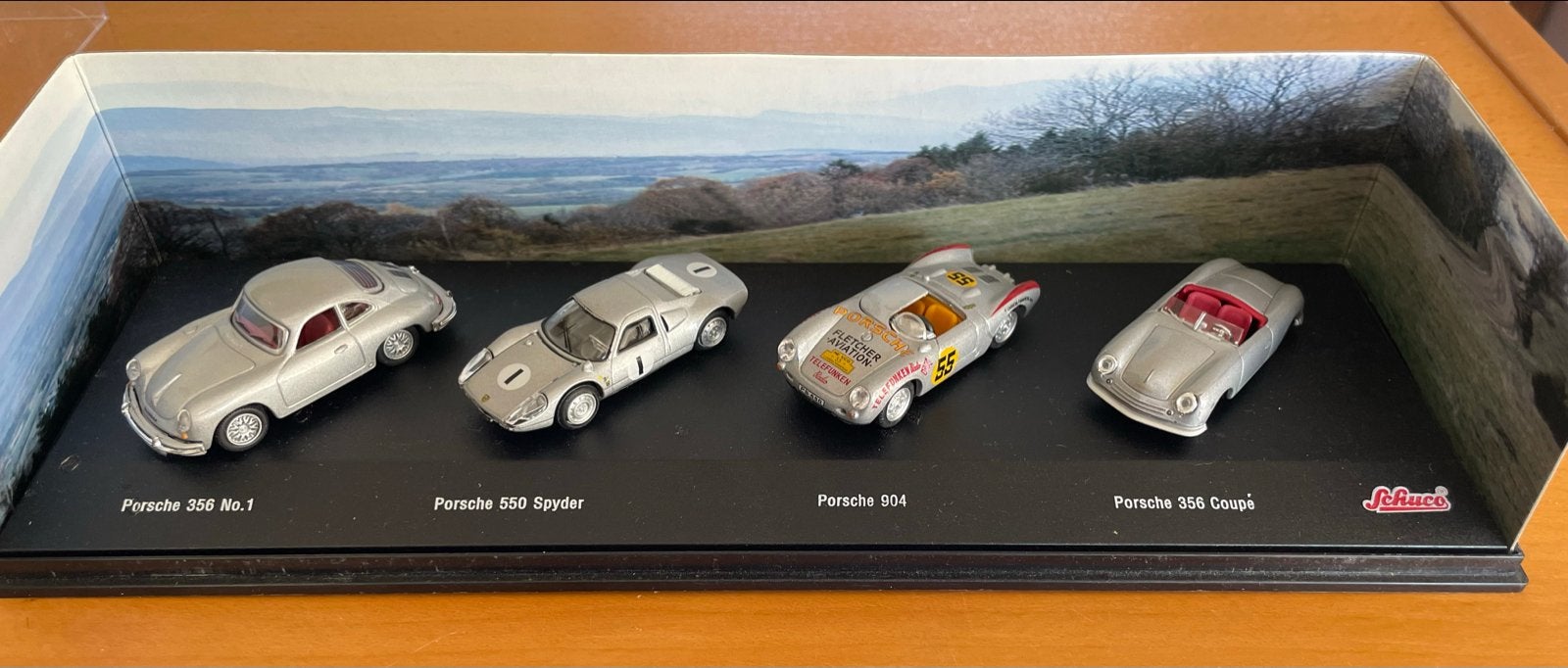Schuco Porsche modelauto's set in vitrine, Gebruikt, Ophalen of Verzenden, Schuco, Schuco