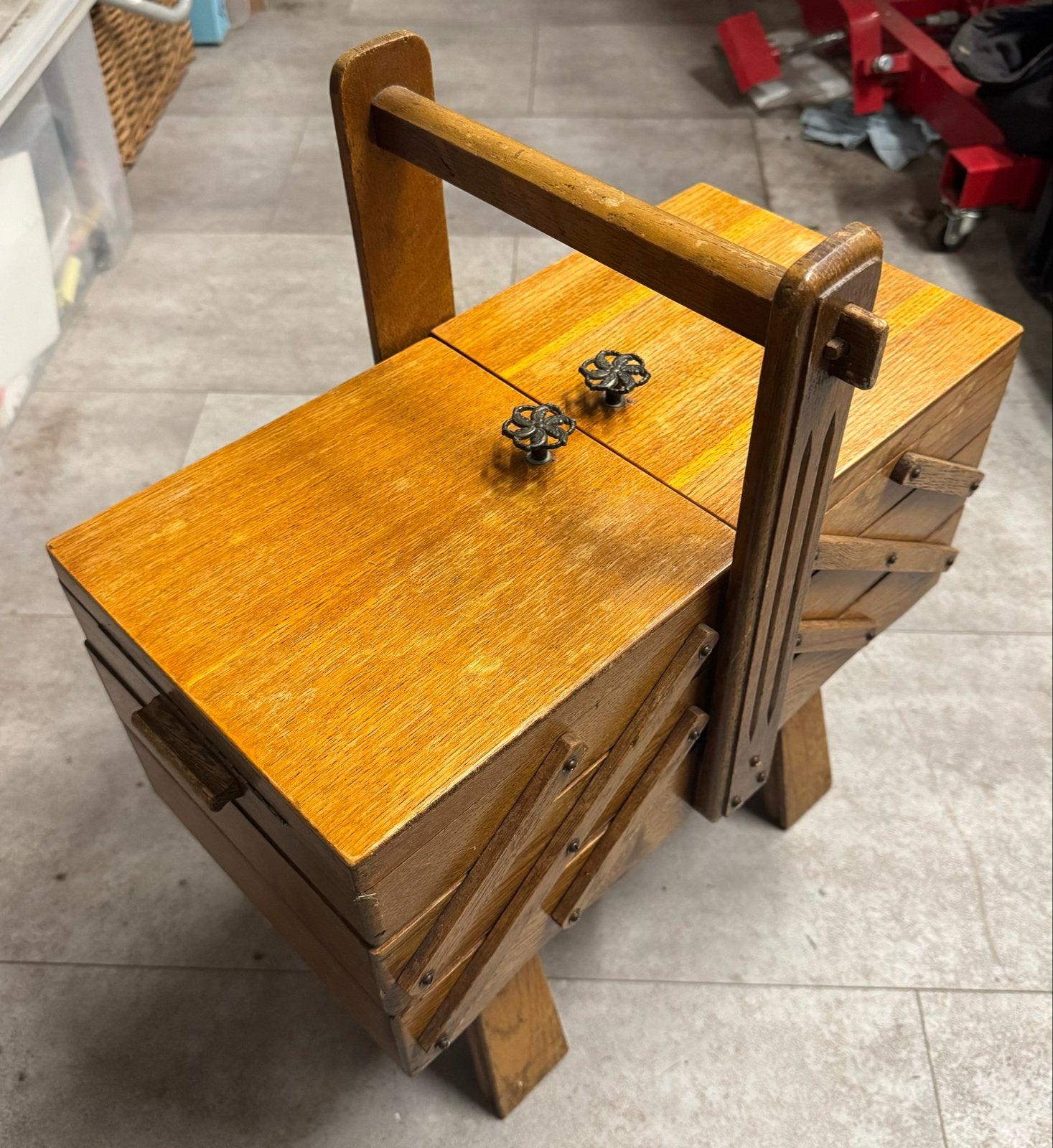 Vintage houten naaidoos met harmonica-uitklap, Ophalen, Gebruikt, Overige typen