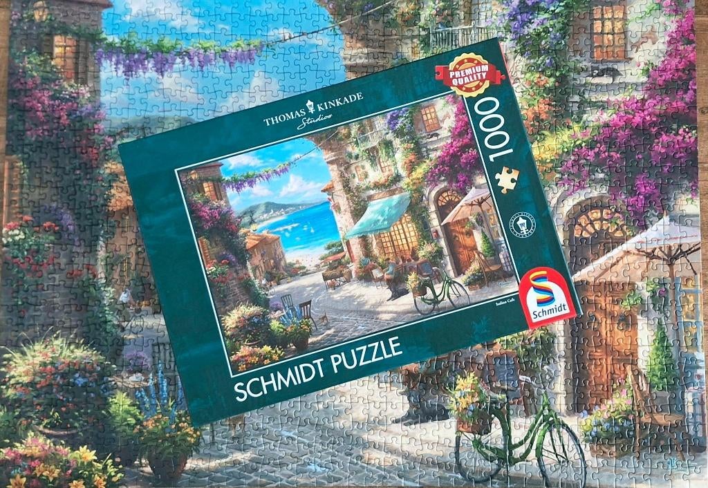 Schmidt puzzel Thomas Kincade Italian Cafe 1000 pc. Zgan, Ophalen of Verzenden, 500 t/m 1500 stukjes, Zo goed als nieuw, Legpuzzel