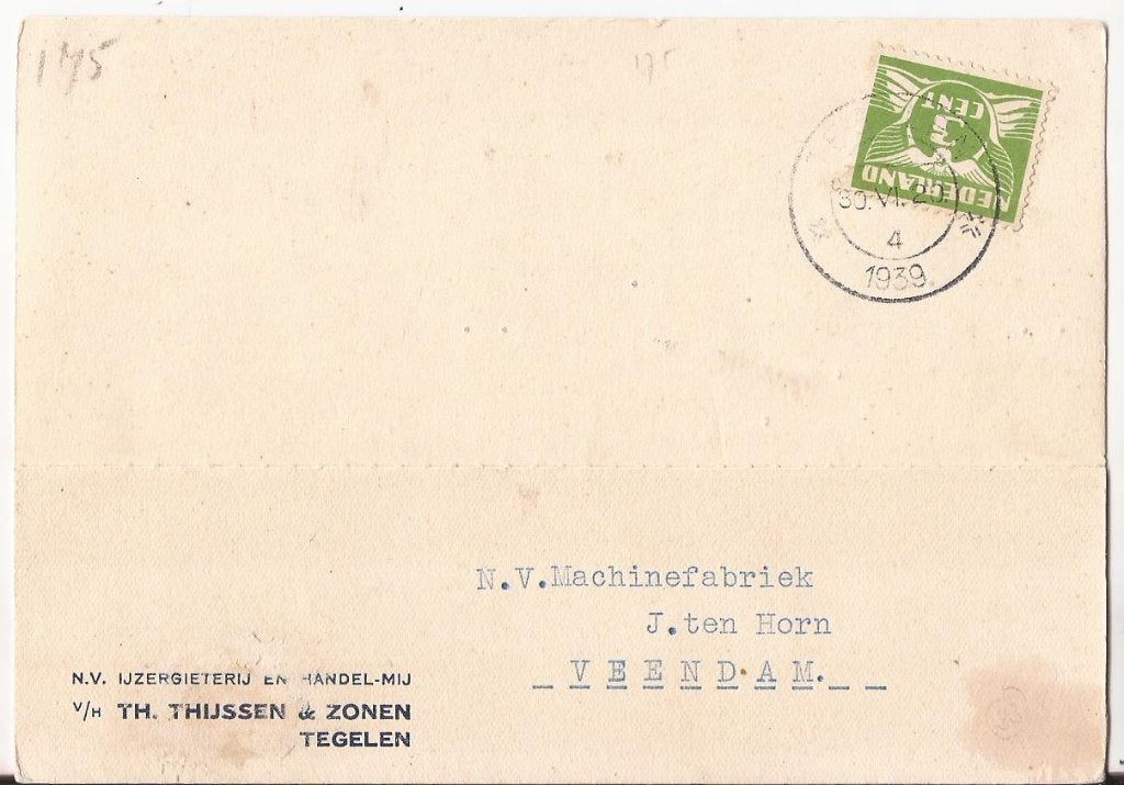 TEGELEN 1939 nv IJZERGIETERIJ en Handel Mij vh Th. THIJSSEN, Verzenden, 1920 tot 1940, Gelopen, Limburg