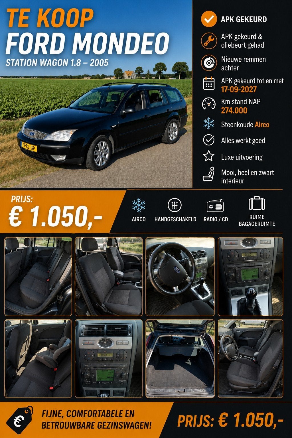 Ford Mondeo 1.8 16V 92KW Wagon 2005 Zwart met NAP, Auto's, 4 cilinders, Zwart, Origineel Nederlands, Stationwagon