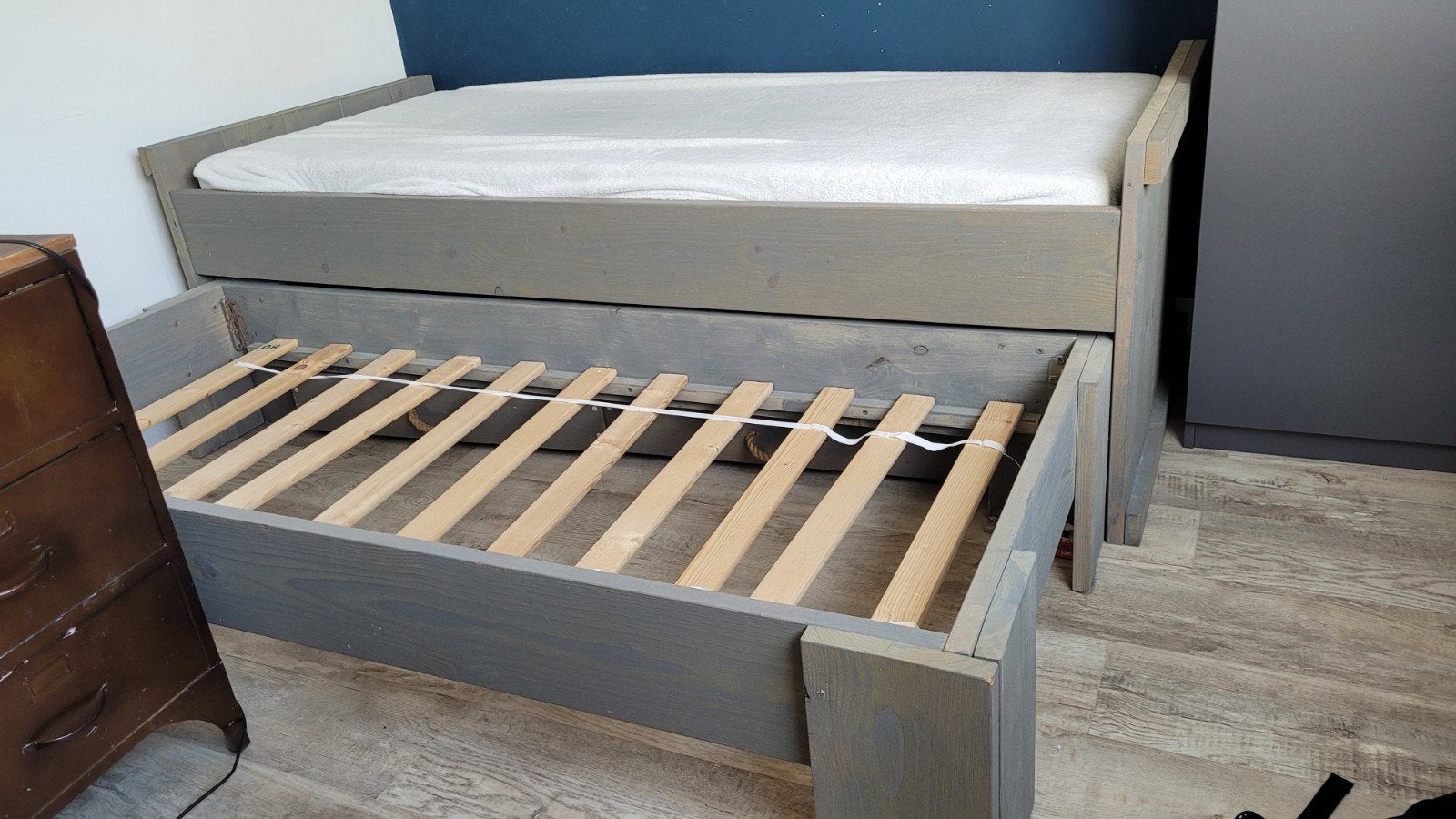 Houten bed 90x200 met uitschuifbaar logeerbed, 2 lades, Ophalen, Verstelbaar, 90 cm, Eenpersoons