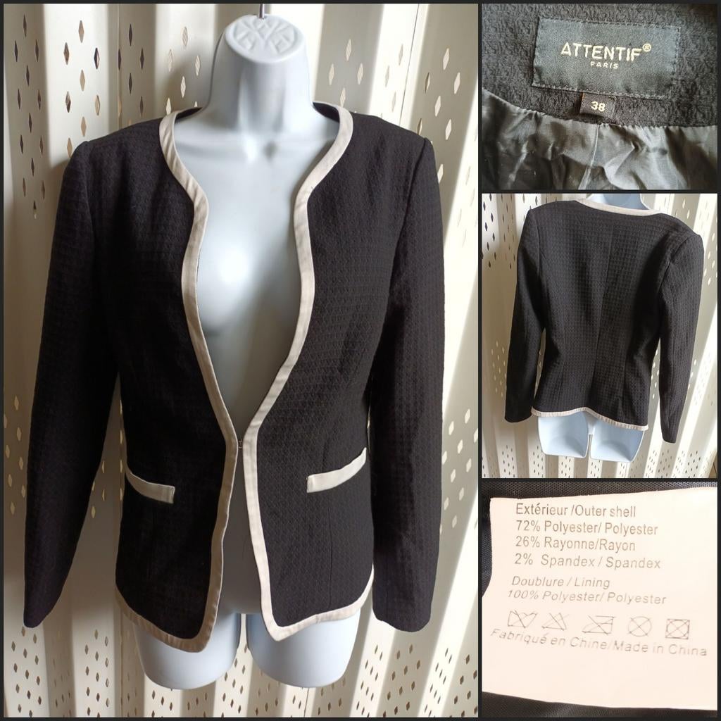 Attentif Paris zwarte blazer beige randen zakjes stretch 38, Maat 38/40 (M), Zwart, Zo goed als nieuw, Attentif Paris