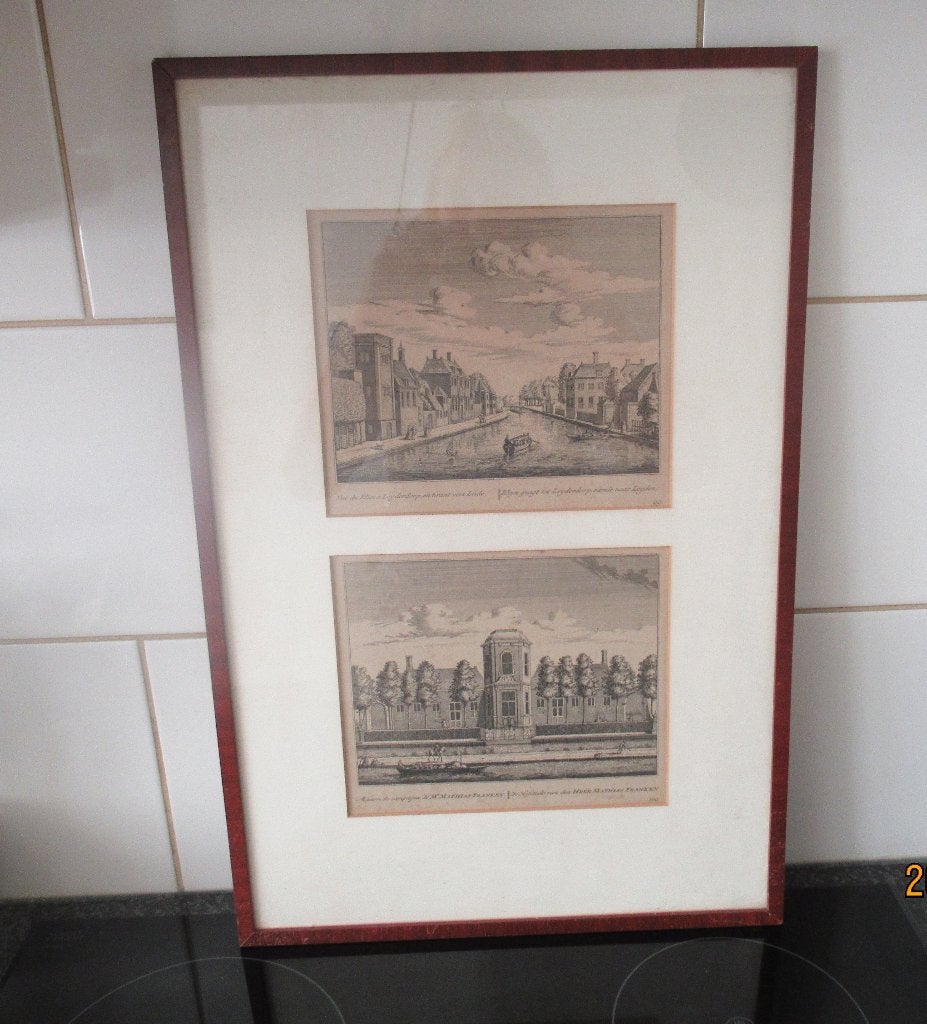 GRAVURE- LEIDERDORP/LYDEN-RHYNGEZIGT-DE BEIJER/SPILMAN-c1760, Antiek en Kunst, Kunst | Etsen en Gravures, Ingelijst, 34 cm, Stadsgezicht