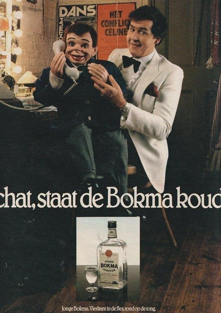 retro reclame 1980 Jonge Bokma buikspreker met pop, Verzenden, Overige typen