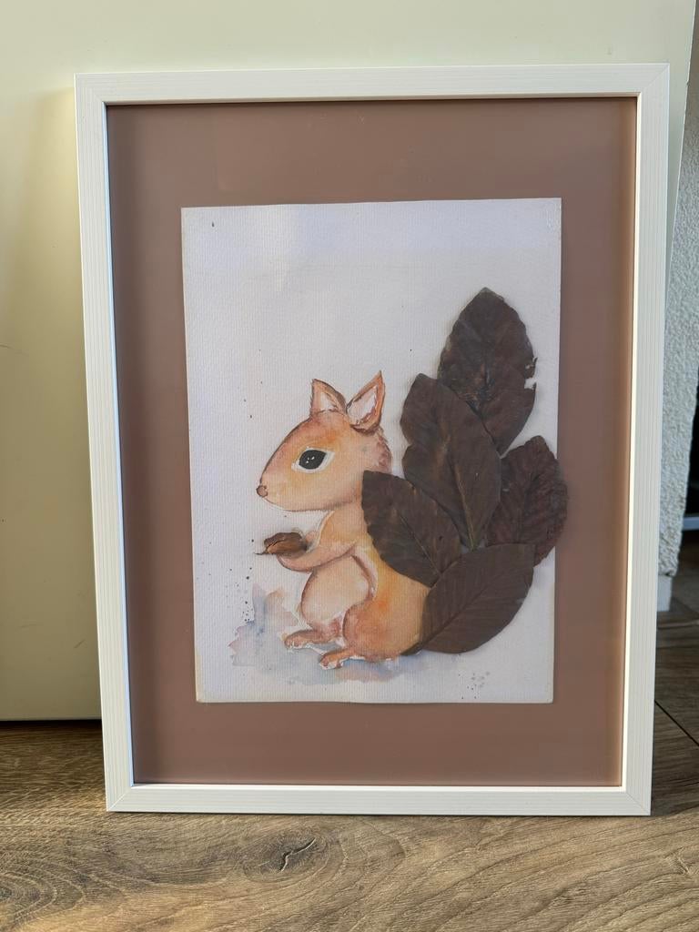 Ingelijste eekhoorn aquarel met bladeren, Ophalen, Minder dan 50 cm, Gebruikt, Oorspronkelijke maker