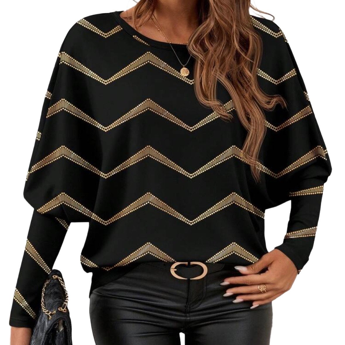 Zwarte Top met gouden zigzagprint (44-52), Kleding | Dames, Verzenden, Nieuw, Zwart, Shirt of Top