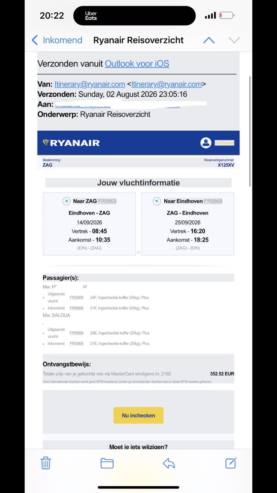 Eindhoven-zagreb vliegticket 14-25 september, Tickets en Kaartjes, Twee personen, Vliegtuig, Met bestemming of datum