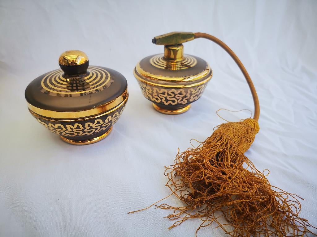 2 vintage parfum parfumverstuiver Boheems kristalglas 24K, Ophalen of Verzenden, Zo goed als nieuw