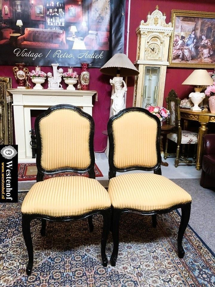 2x Klassiek stoelen hout zwart met crème - goud stoffen, Ophalen
