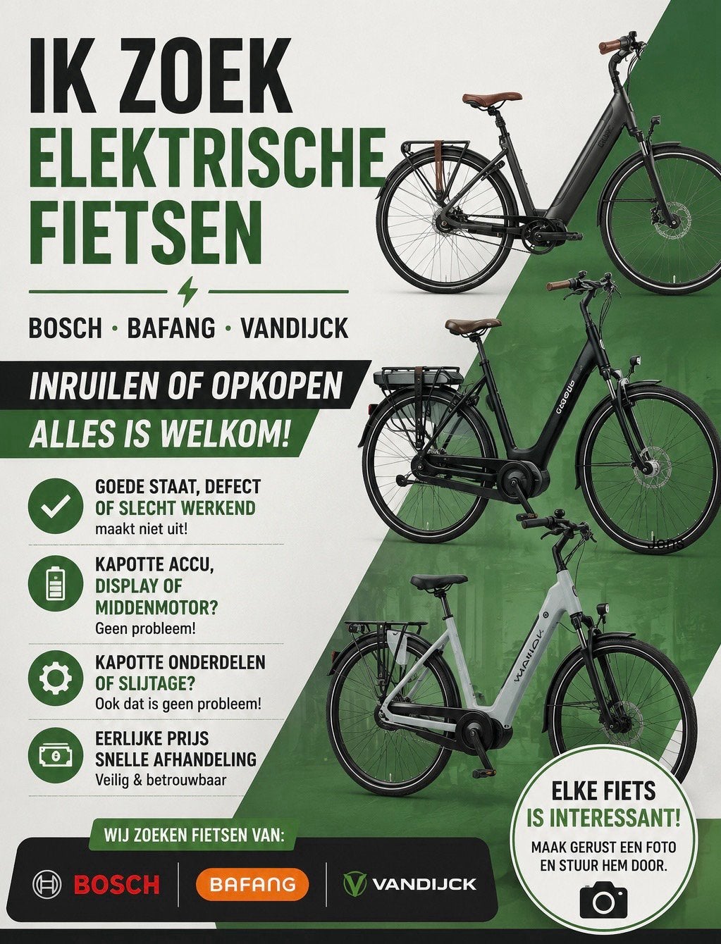 Gezocht: elektrische fietsen van Bosch, bafang en kreutzer, Ophalen, Overige merken