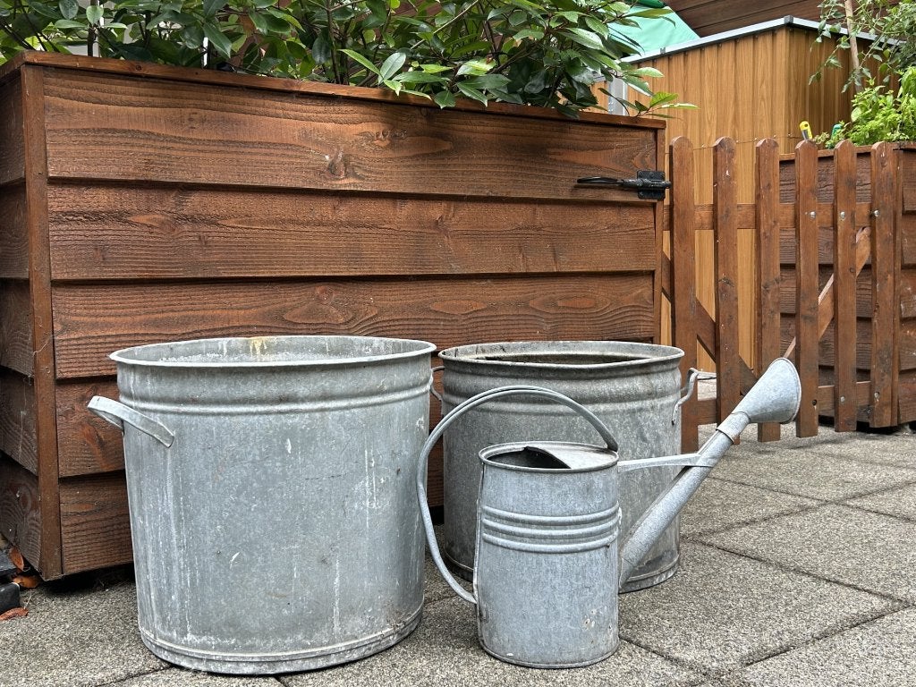 zinken wastobbes voor planten plus decoratieve zinken gieter, Ophalen, Bloeit niet, Overige soorten, Volle zon
