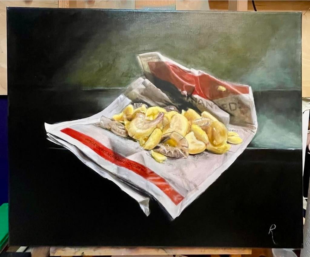 Olieverfschilderij 'Fish & Chips' op linnen (30x40 cm), Ophalen