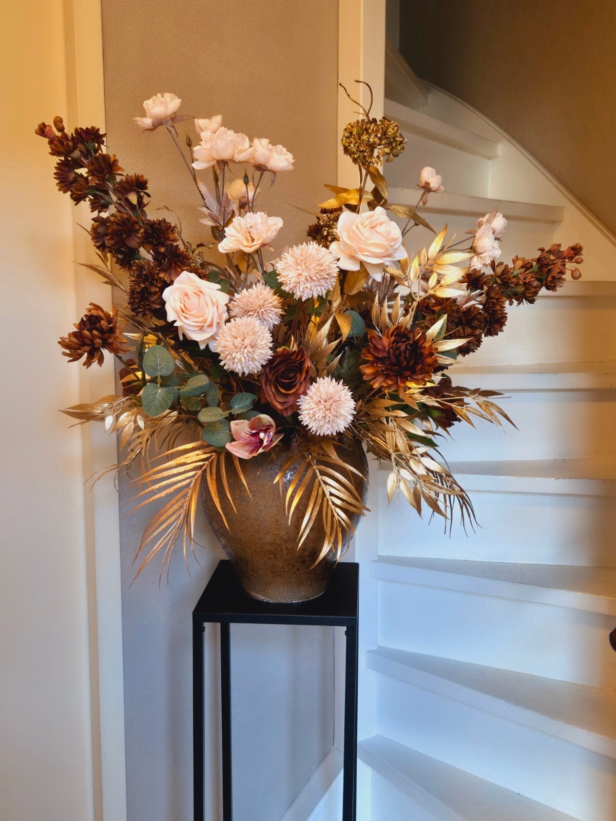 grote bruine lotusvaas tulpenvaas met beige bruin goud tint, Ophalen, Binnen, Beige, Boeket