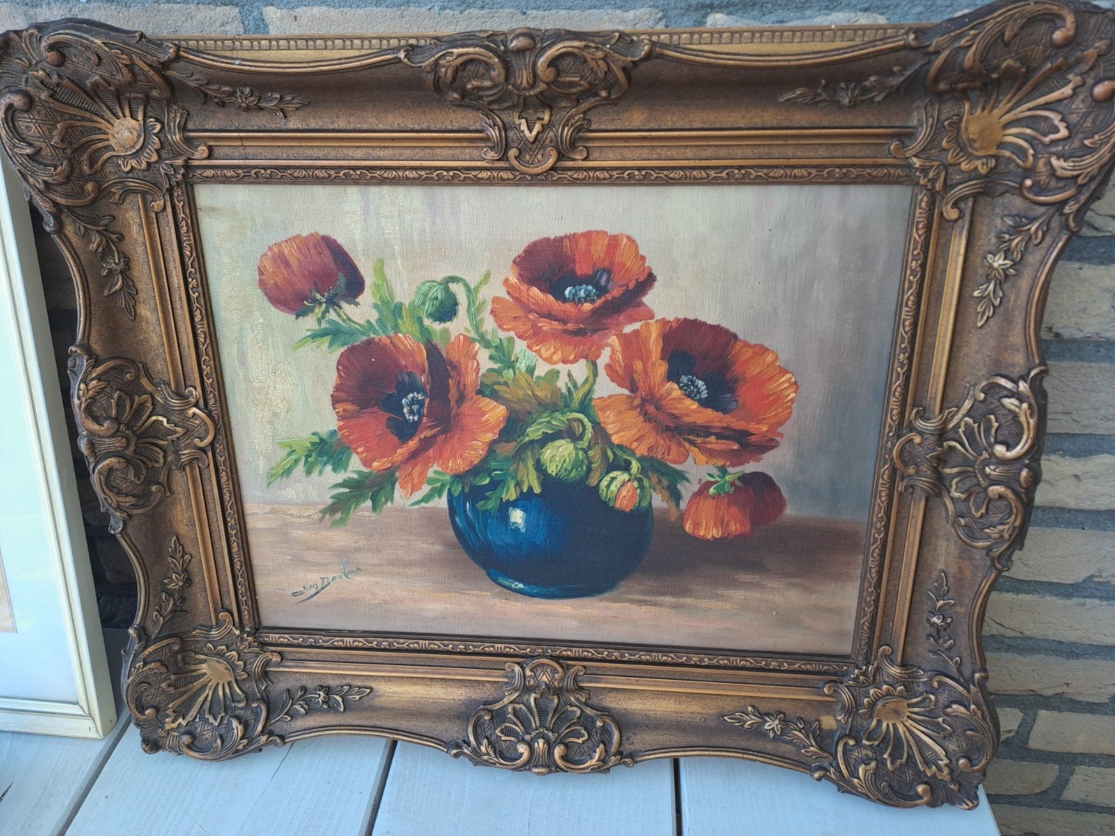 Olieverfschilderij Klaprozen in Vaas - Klassiek Stilleven, Ophalen, Doek, Realistisch, Stilleven