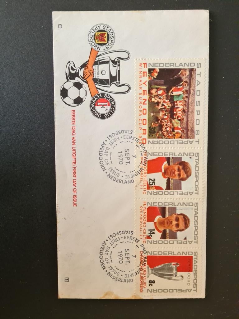 Feyenoord Eerste Dag Uitgifte 1970 - Voetbal Postzegels, Postzegels en Munten, Ophalen of Verzenden, T/m 1940, Gestempeld