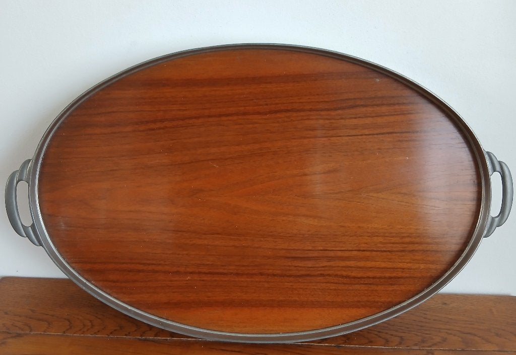 Vintage ovaal dienblad mahoniehout, Made in Holland, Ophalen of Verzenden, Zo goed als nieuw, Dienblad, Met opstaande rand