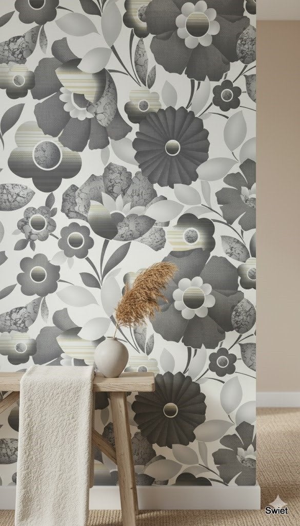14243 vintage bloemen behang grey cream tones swiet, Verzenden, Grijs