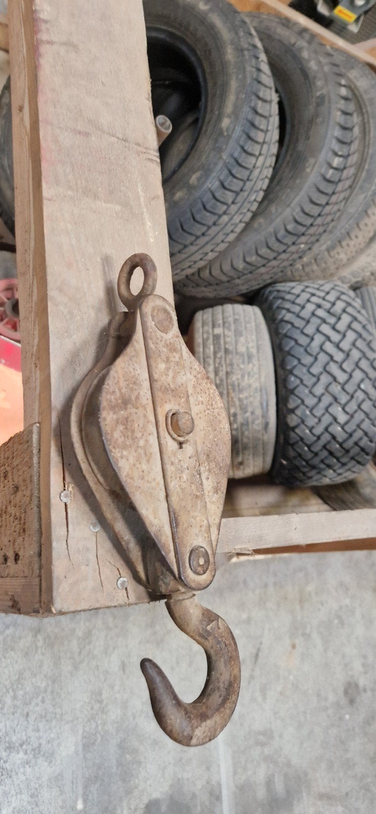 Oude ijzeren katrol met haak - ca. 15 cm wiel, Ophalen, Gebruikt