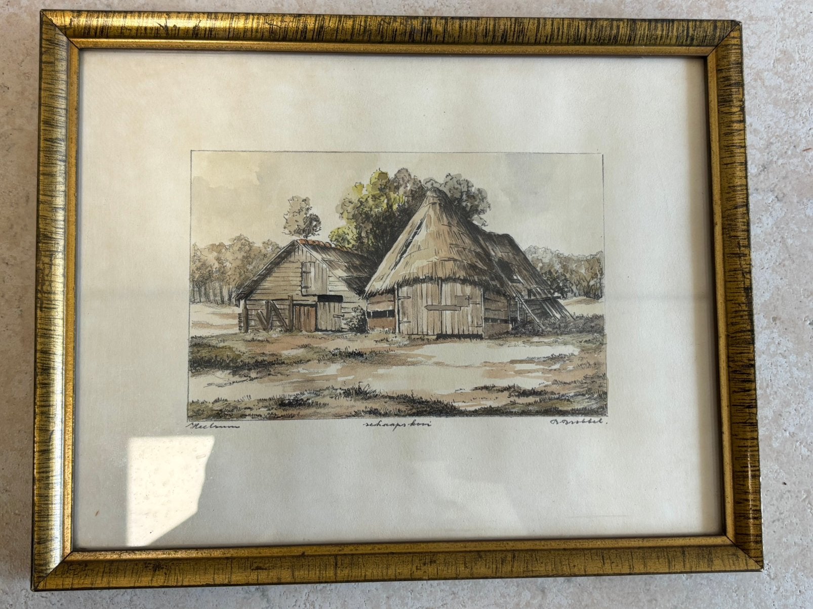 Ets Bob Brobbel (1907–1971) Heelsum, Schaapskooi, Antiek en Kunst, Ingelijst, Ets, 9 cm, Ophalen of Verzenden