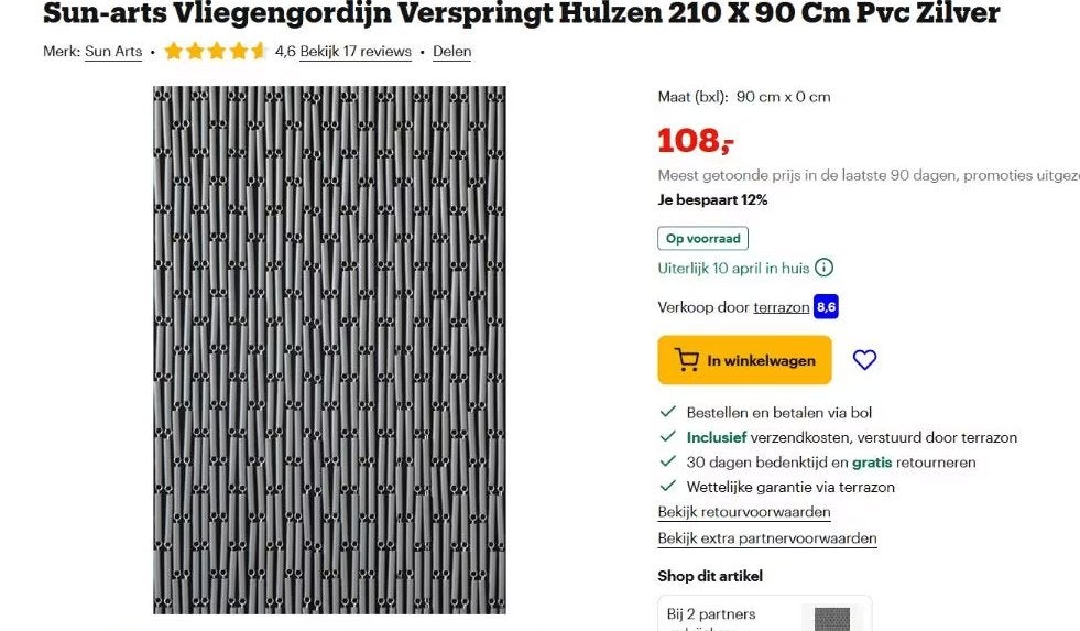 Aluminium vliegengordijn - SUN ARTS 90 X 210 NWPR €108, Ophalen, 50 tot 100 cm, Minder dan 100 cm