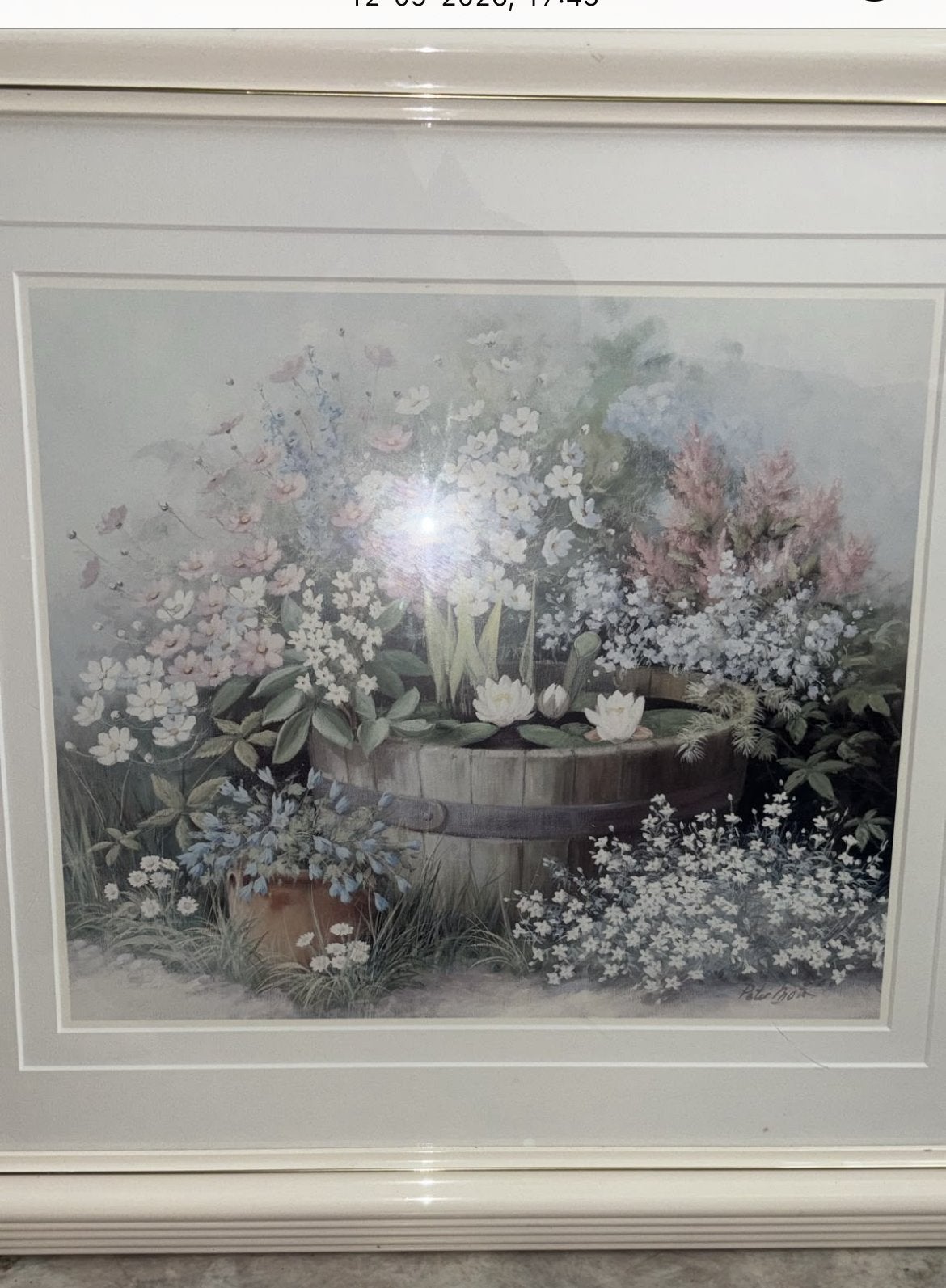Schilderij met bloemen en waterlelies, ingelijst, Realistisch, Aquarel, Papier, Ingelijst