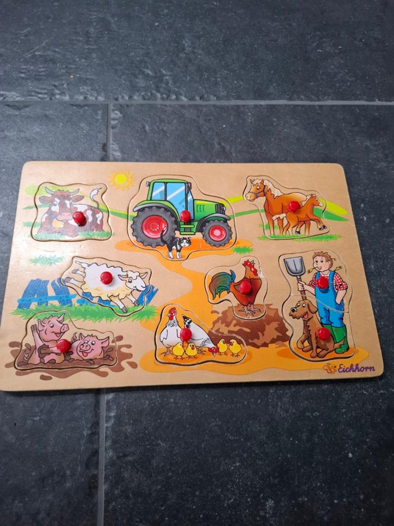 Houten boerderij puzzel met knoppen - Eichhorn, Ophalen, Gebruikt, 10 tot 50 stukjes, Van hout