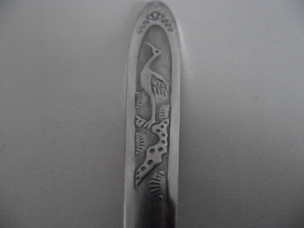 vintage geboortelepel ooievaar lepel 17cm RVS DDR Polen 1960, Ophalen of Verzenden, Gebruikt, Kraamcadeau