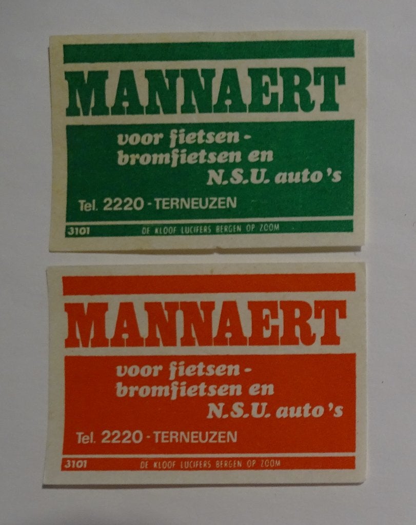 MANNAERT FIETSEN BROMFIETSEN   NSU AUTO,S  TERNEUZEN, Verzenden, Gebruikt, Luciferdoosjes of -merken