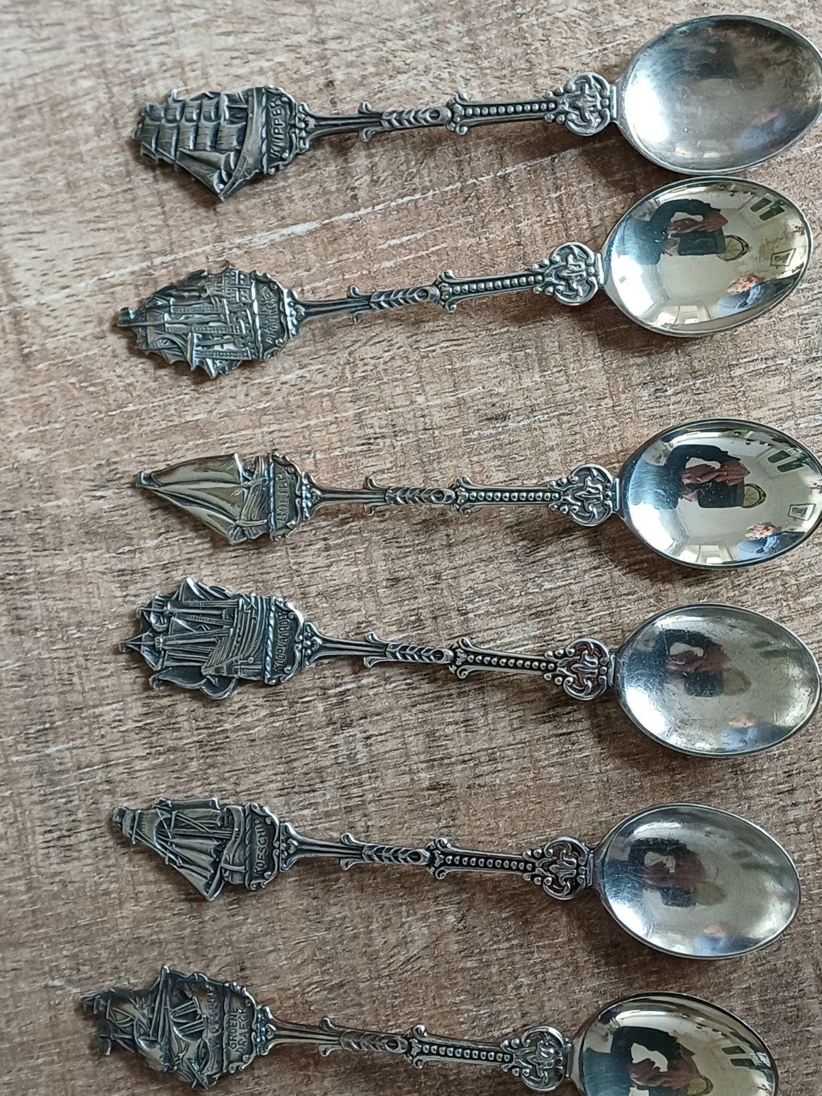 Set van 6 verzilverde theelepels met schepen, Antiek en Kunst, Ophalen of Verzenden