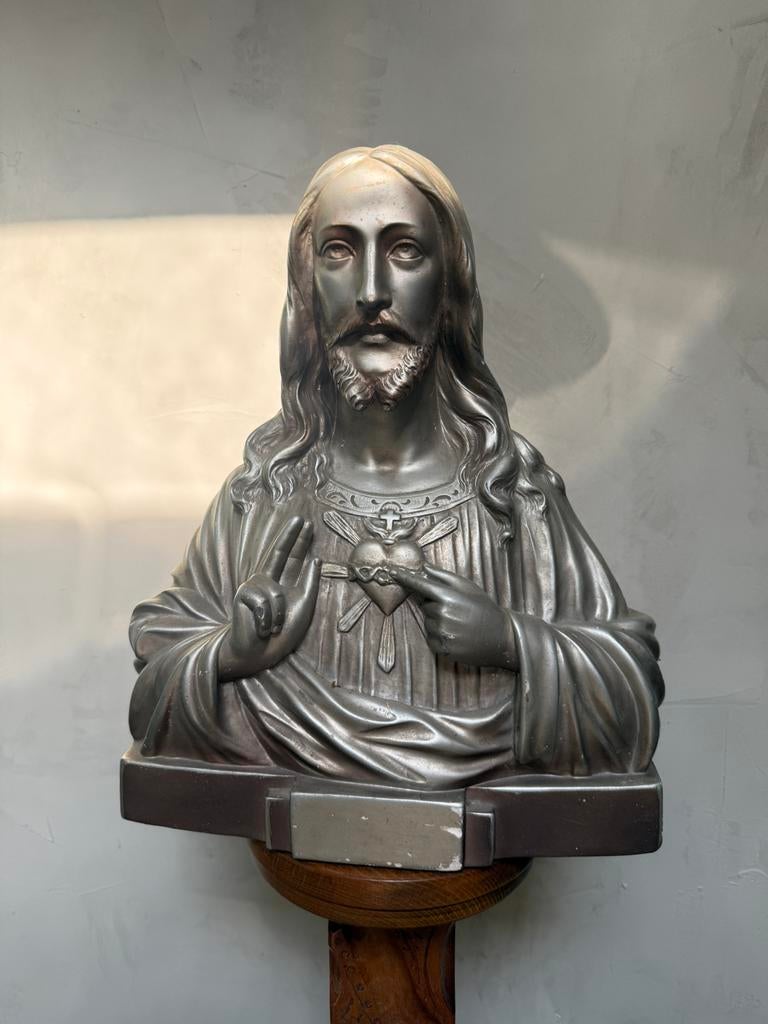 Groot zilverkleurige Christus beeld buste jesus, Antiek en Kunst, Antiek | Religie, Ophalen of Verzenden