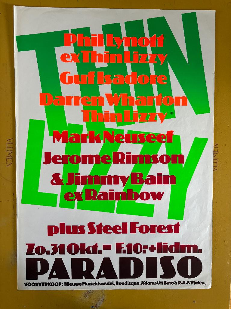 Paradiso Poster Thin Lizzy + Phill Lynott. 1982, Ophalen of Verzenden, Zo goed als nieuw, Poster, Artwork of Schilderij