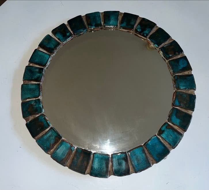 Vintage ronde spiegel met turquoise keramische tegels, Ophalen of Verzenden