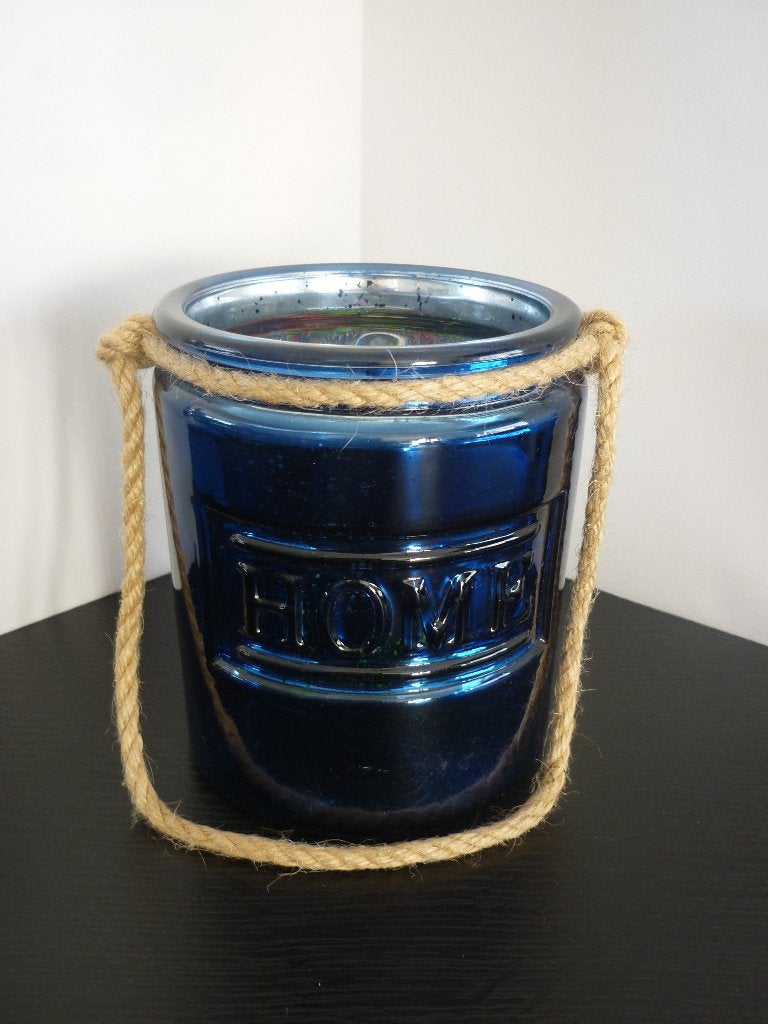 Thelichthouder van glas blauw / blauwe pot met tekst/ kaars, Overige materialen, Blauw, Ophalen of Verzenden, Kandelaar